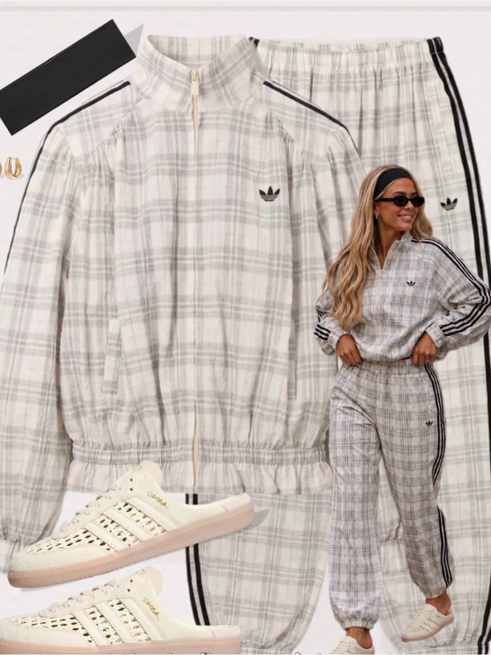 adidas Women’s Cream Plaid Track Jacket with Black Stripes - Picture 4 of 6
